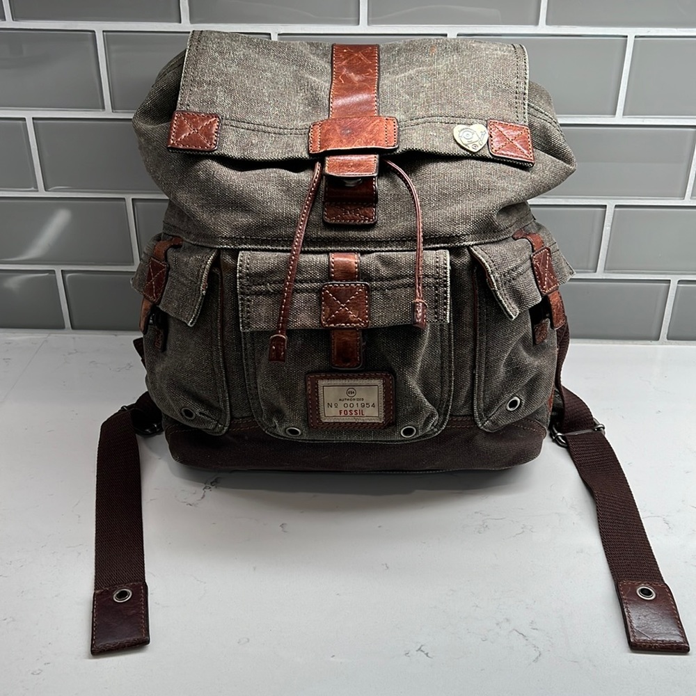 Fossil Canvas Cow Hide Leather Trim Backpack No 001954 Unisex